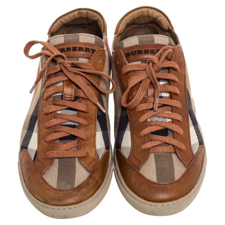 Pre Owned Burberry Beige/Brown Check Canvas And Leather Lace Up Sneakers Size 39