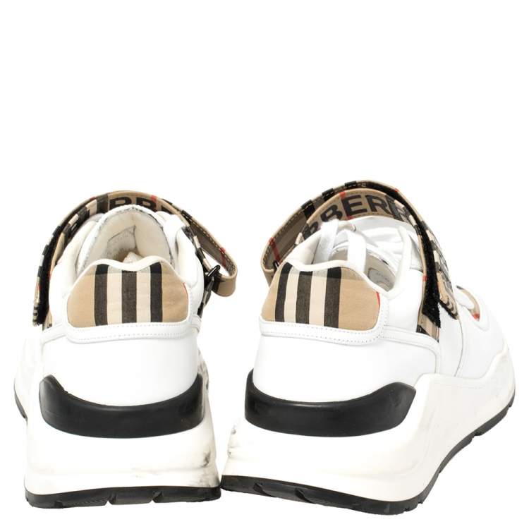 Pre Owned Burberry White/Beige Leather And Checked Canvas Ronnie Sneakers Size 44