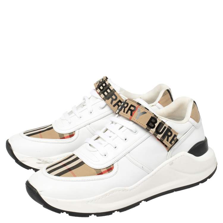 Pre Owned Burberry White/Beige Leather And Checked Canvas Ronnie Sneakers Size 44