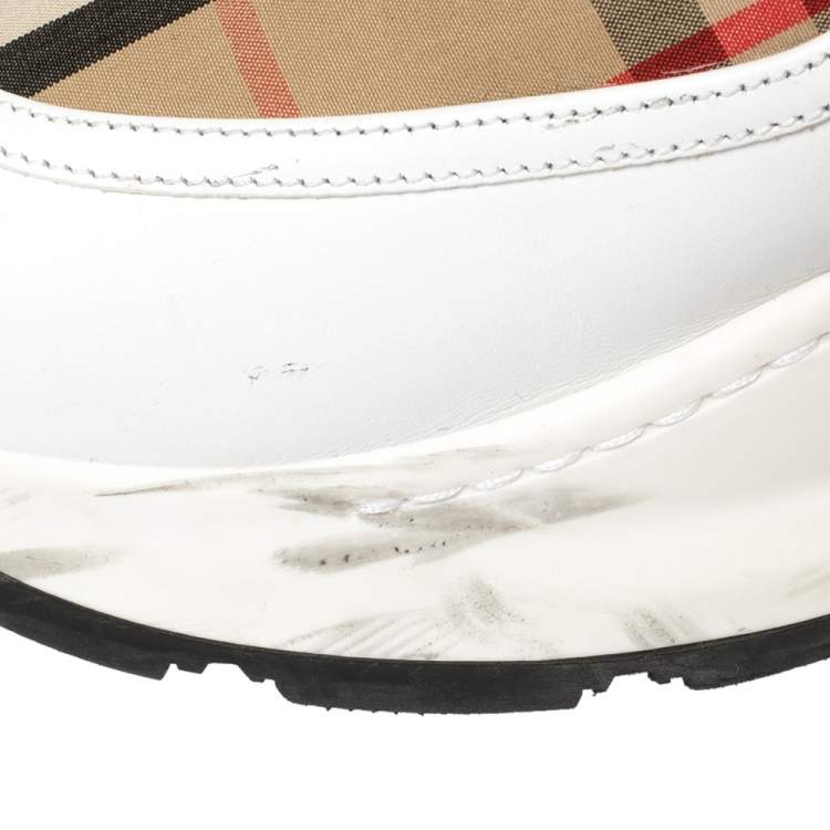 Pre Owned Burberry White/Beige Leather And Checked Canvas Ronnie Sneakers Size 44