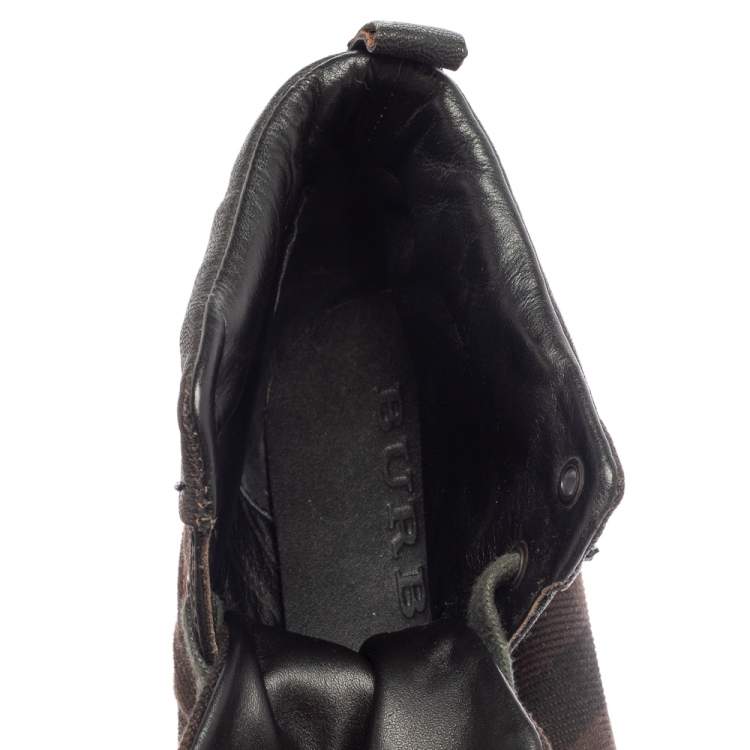 Pre Owned Burberry Brown Check Canvas And Leather Cap Toe High Top Sneakers Size 43