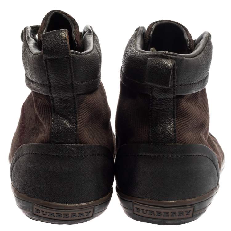 Pre Owned Burberry Brown Check Canvas And Leather Cap Toe High Top Sneakers Size 43