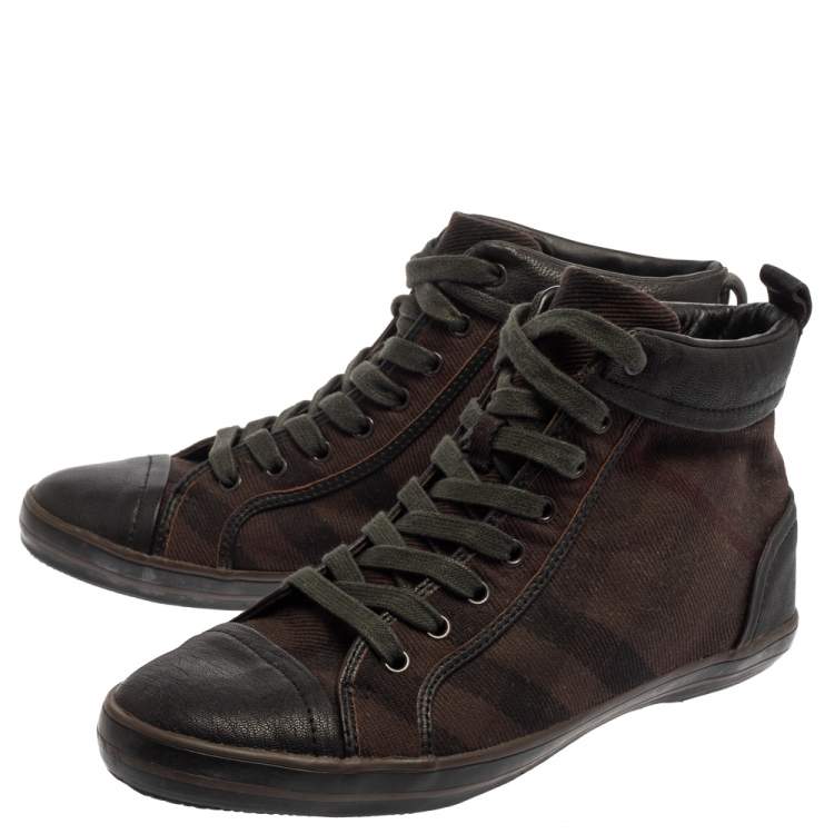 Pre Owned Burberry Brown Check Canvas And Leather Cap Toe High Top Sneakers Size 43