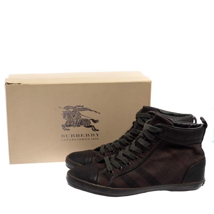 Pre Owned Burberry Brown Check Canvas And Leather Cap Toe High Top Sneakers Size 43