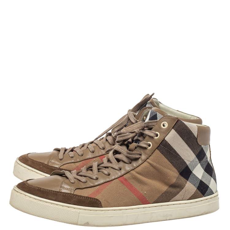 Pre Owned Burberry Beige Housecheck Canvas And Leather Painton High Top Sneakers Size 43