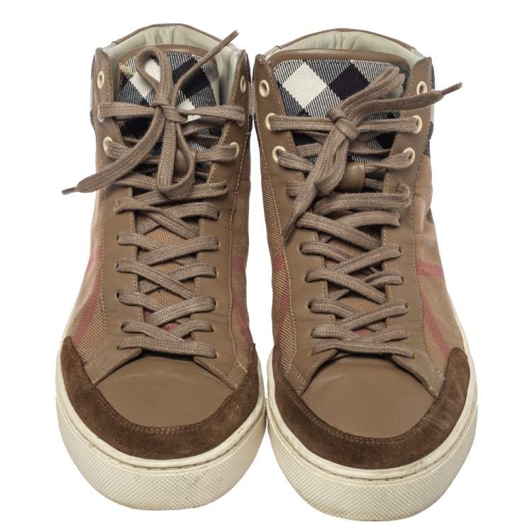Pre Owned Burberry Beige Housecheck Canvas And Leather Painton High Top Sneakers Size 43