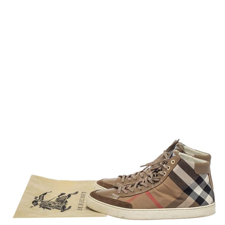 Pre Owned Burberry Beige Housecheck Canvas And Leather Painton High Top Sneakers Size 43