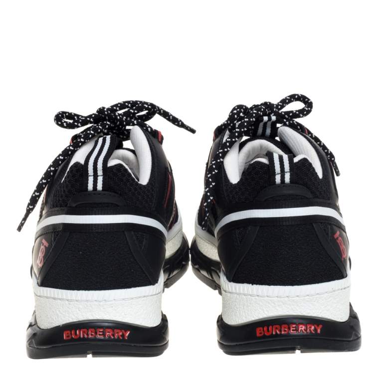 Pre Owned Burberry Black/Red Mesh And Leather Union Low Top Sneakers Size 42.5