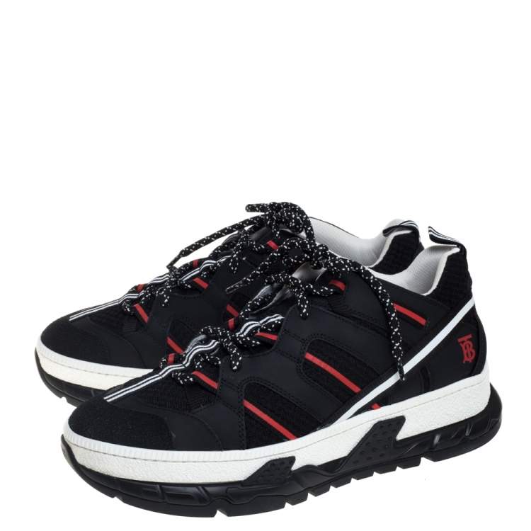 Pre Owned Burberry Black/Red Mesh And Leather Union Low Top Sneakers Size 42.5
