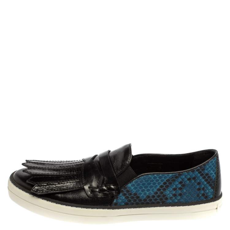Pre Owned Burberry Black/Blue Leather And Canvas Fringe Penny Slip On Sneakers Size 39