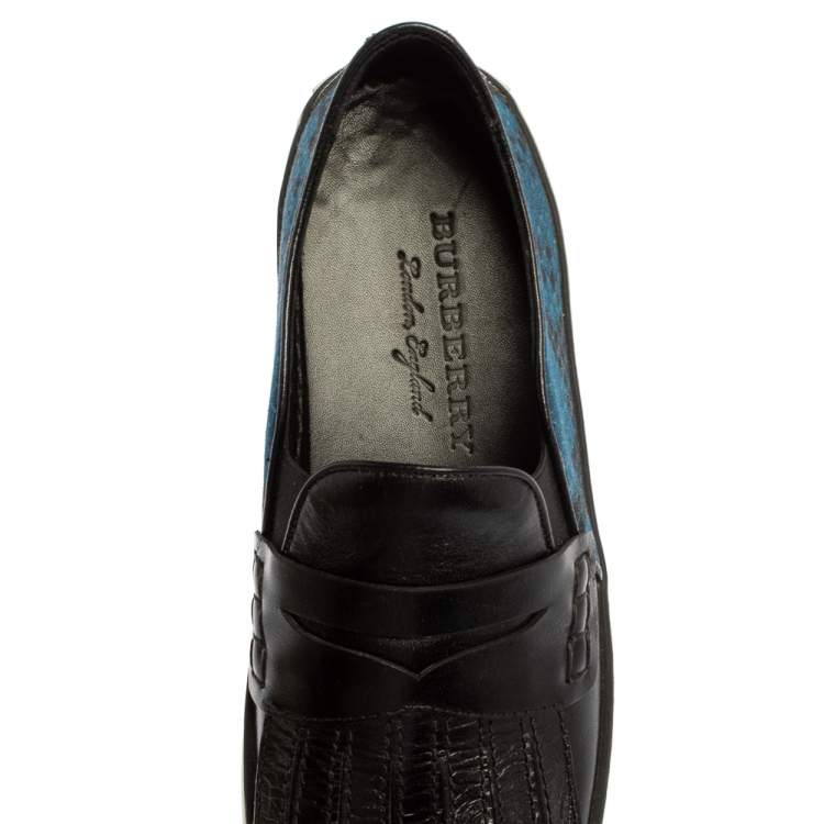 Pre Owned Burberry Black/Blue Leather And Canvas Fringe Penny Slip On Sneakers Size 39