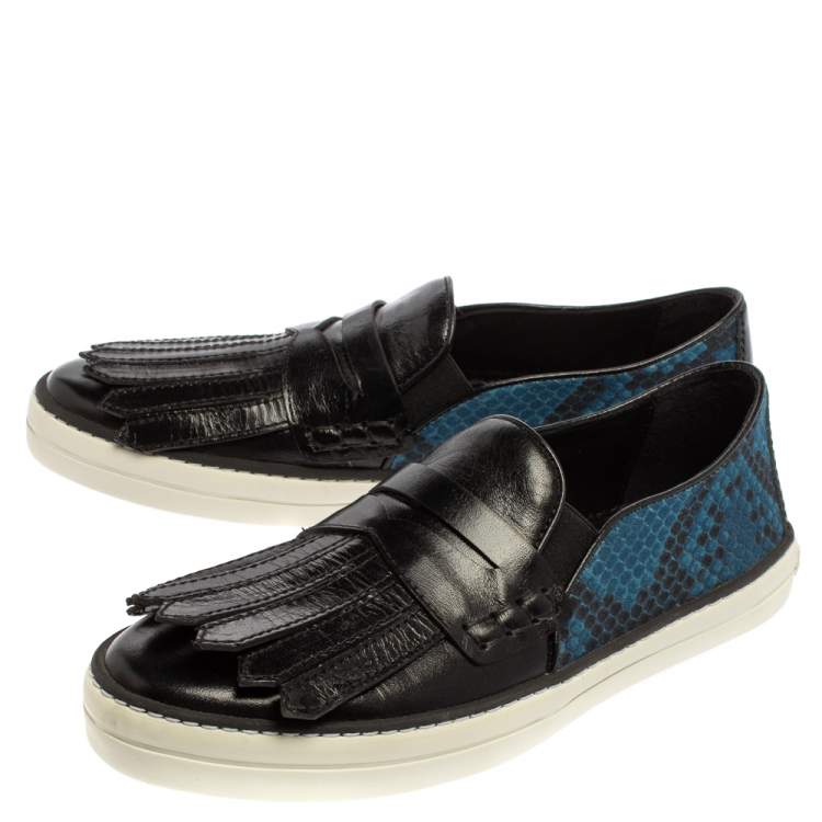 Pre Owned Burberry Black/Blue Leather And Canvas Fringe Penny Slip On Sneakers Size 39