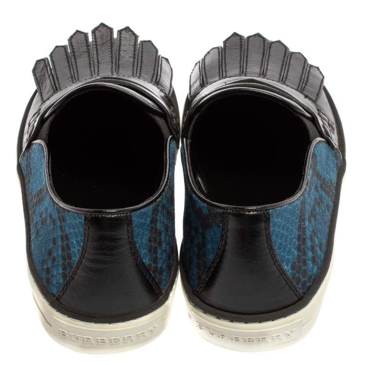 Pre Owned Burberry Black/Blue Leather And Canvas Fringe Penny Slip On Sneakers Size 39