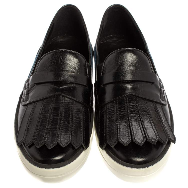 Pre Owned Burberry Black/Blue Leather And Canvas Fringe Penny Slip On Sneakers Size 39