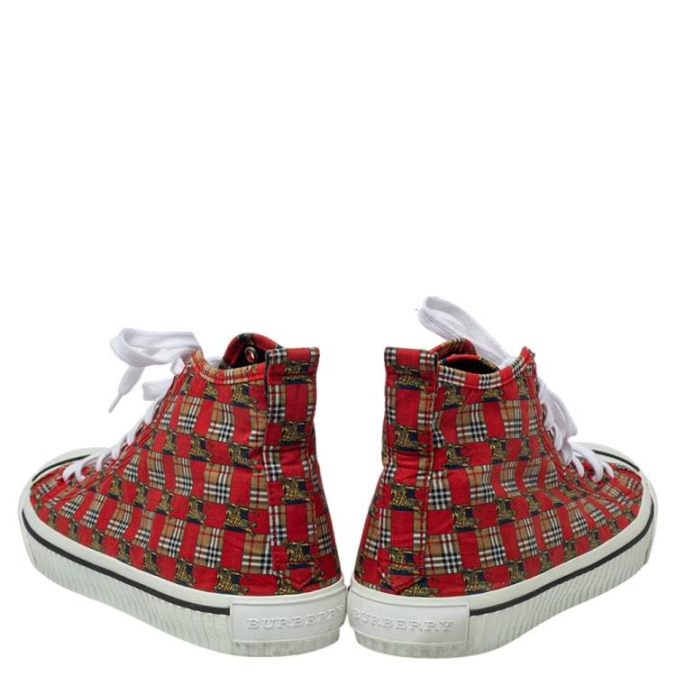 Pre Owned Burberry Red Tiled Archive Print Fabric High-Top Sneakers Size 44