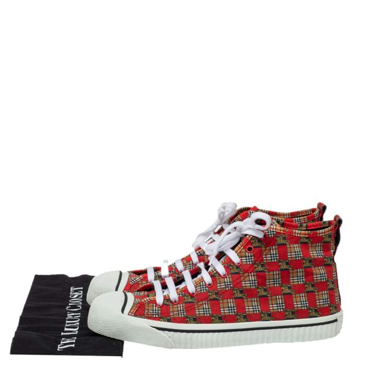 Pre Owned Burberry Red Tiled Archive Print Fabric High-Top Sneakers Size 44