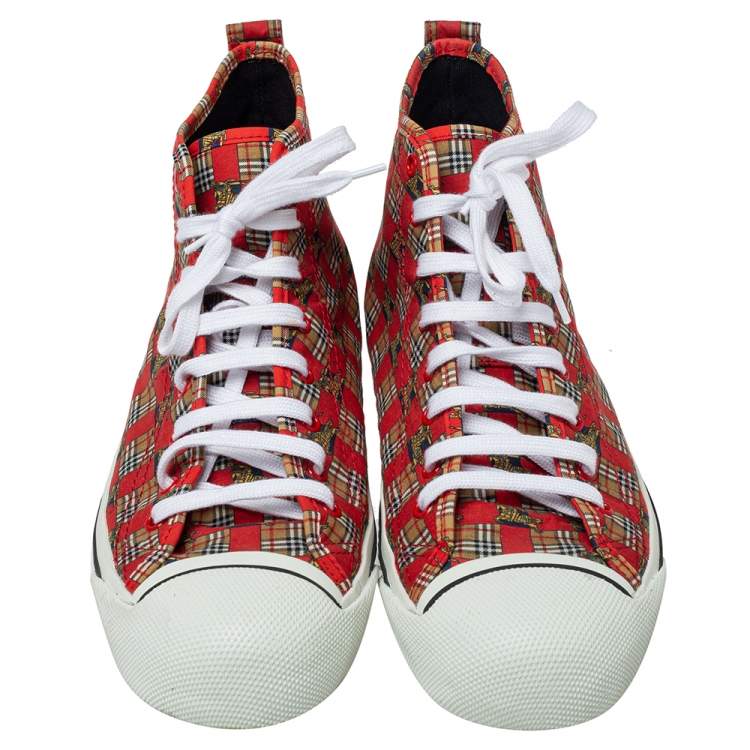 Pre Owned Burberry Red Tiled Archive Print Fabric High-Top Sneakers Size 44