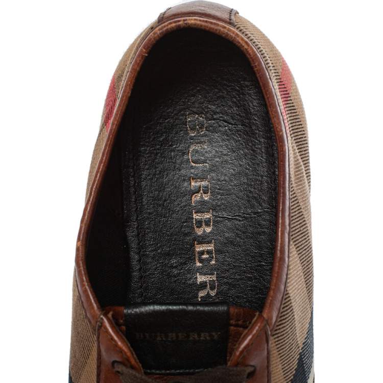 Pre Owned Burberry Brown Leather And Nova Check Canvas Low Top Sneakers Size 43
