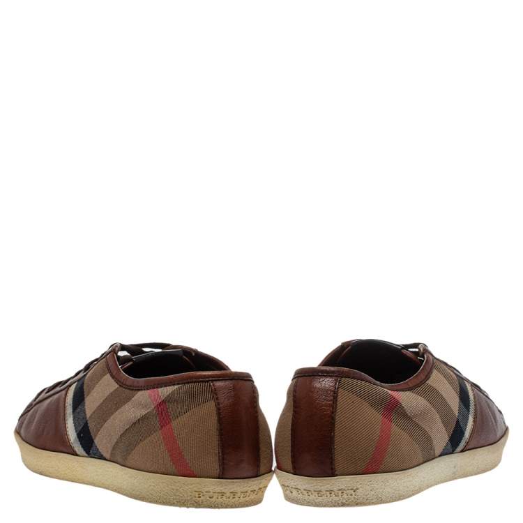 Pre Owned Burberry Brown Leather And Nova Check Canvas Low Top Sneakers Size 43
