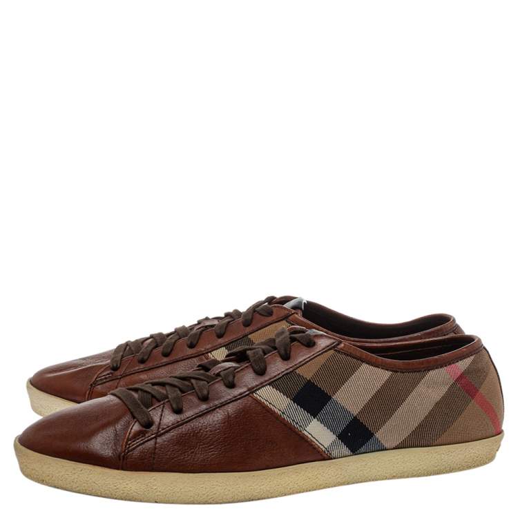 Pre Owned Burberry Brown Leather And Nova Check Canvas Low Top Sneakers Size 43