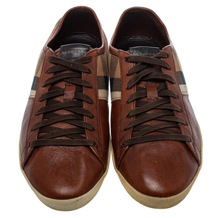 Pre Owned Burberry Brown Leather And Nova Check Canvas Low Top Sneakers Size 43