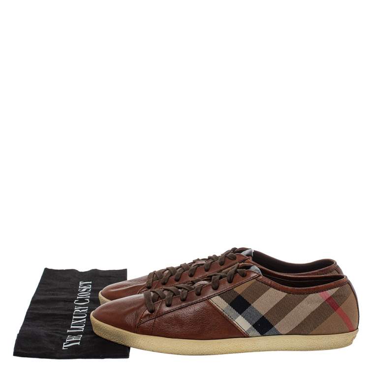 Pre Owned Burberry Brown Leather And Nova Check Canvas Low Top Sneakers Size 43