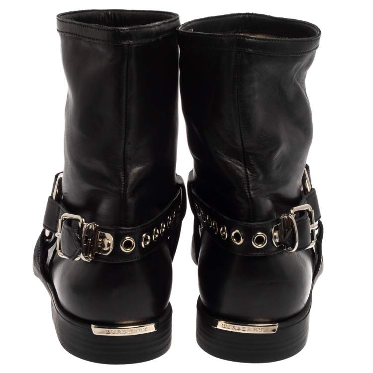 Pre Owned Burberry Black Leather Buckle Detail Ankle Boots Size 39