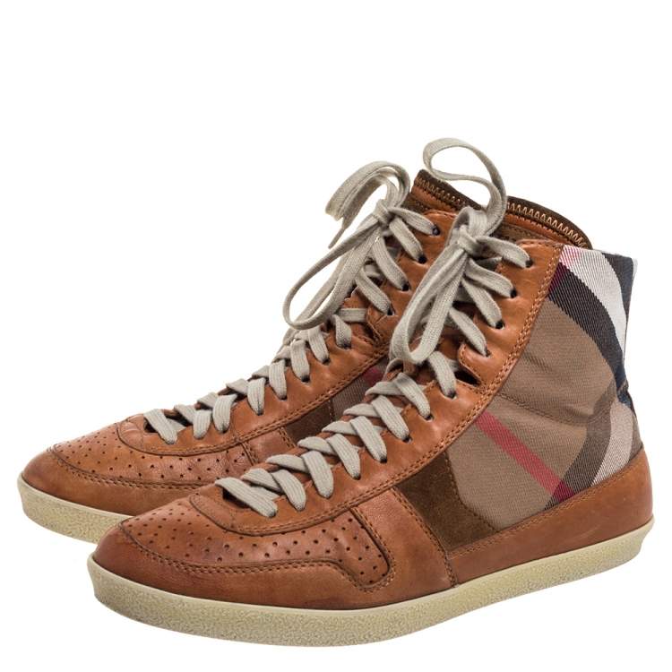 Pre Owned Burberry Brown leather And Canvas  High-Top Sneaker Size 40 