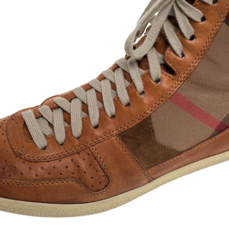 Pre Owned Burberry Brown leather And Canvas  High-Top Sneaker Size 40 