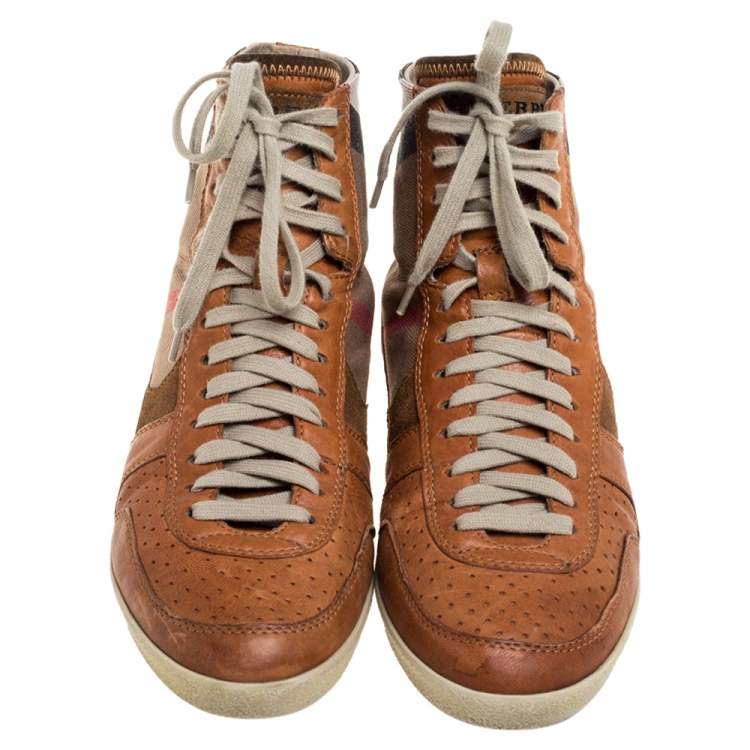 Pre Owned Burberry Brown leather And Canvas  High-Top Sneaker Size 40 