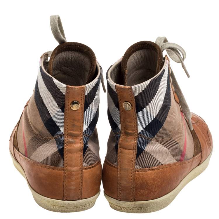Pre Owned Burberry Brown leather And Canvas  High-Top Sneaker Size 40 
