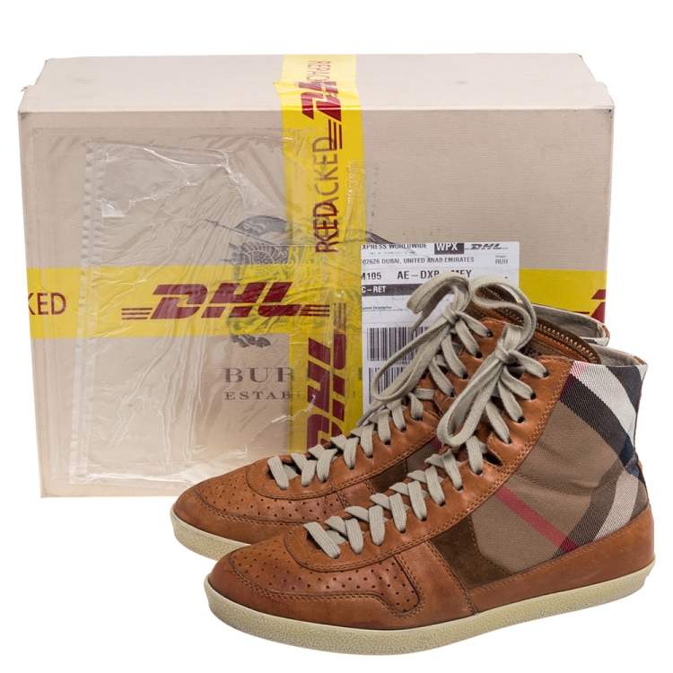 Pre Owned Burberry Brown leather And Canvas  High-Top Sneaker Size 40 