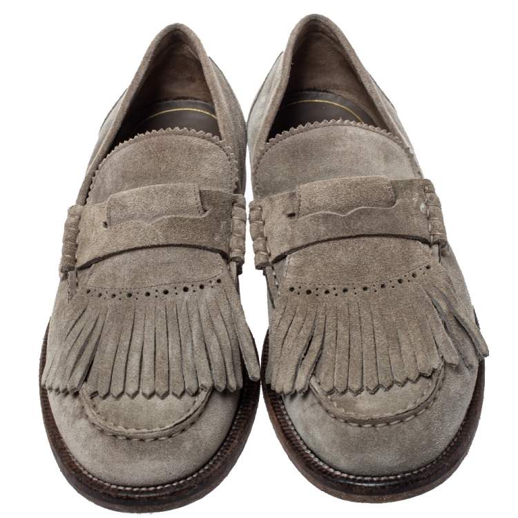 Pre Owned Burberry Grey Suede Bedmoore Fringe Detail Penny Loafers Size 42.5