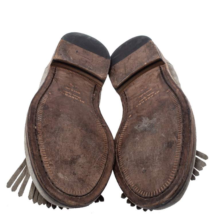 Pre Owned Burberry Grey Suede Bedmoore Fringe Detail Penny Loafers Size 42.5