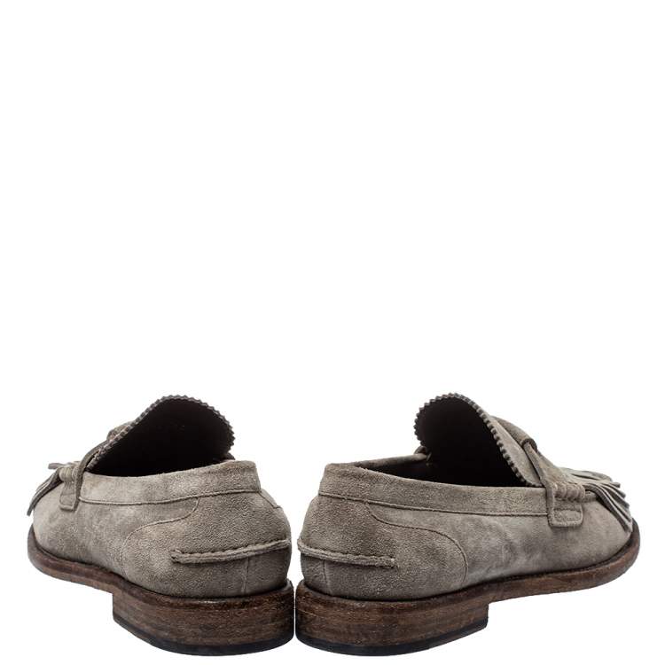 Pre Owned Burberry Grey Suede Bedmoore Fringe Detail Penny Loafers Size 42.5