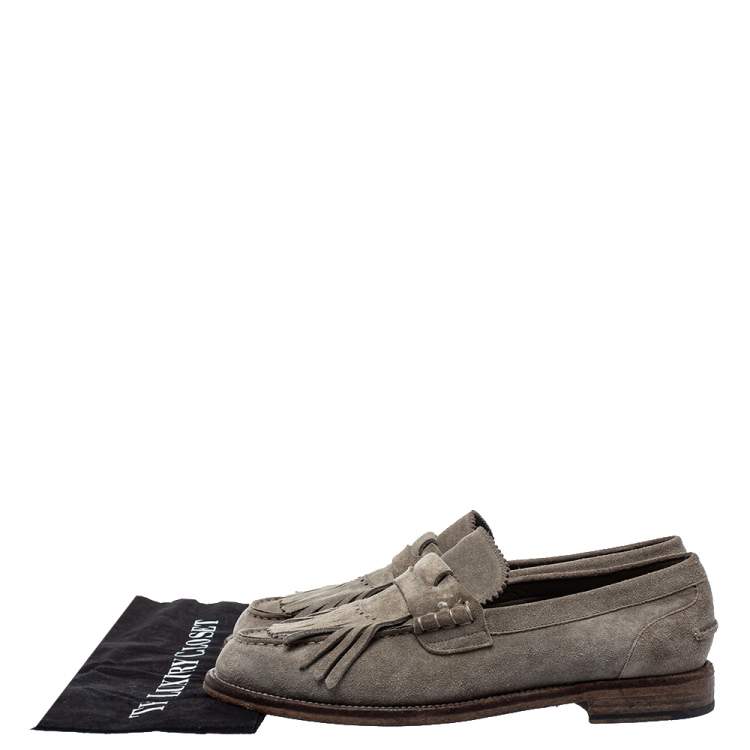 Pre Owned Burberry Grey Suede Bedmoore Fringe Detail Penny Loafers Size 42.5