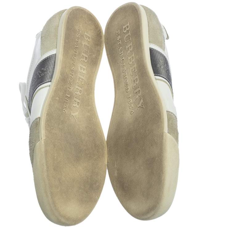 Pre Owned Burberry White/Grey Leather and Suede Lace Up Sneakers Size 42