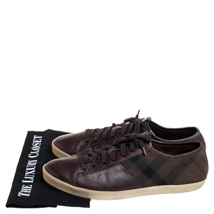 Pre Owned Burberry Brown House Check Canvas And Leather Lace Up Low Top Sneakers Size 43