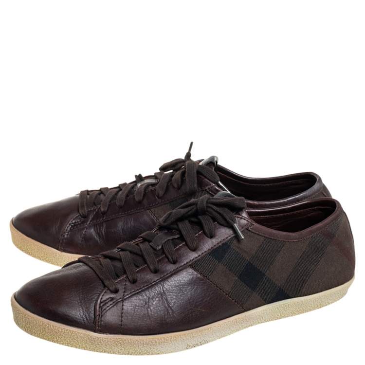 Pre Owned Burberry Brown House Check Canvas And Leather Lace Up Low Top Sneakers Size 43