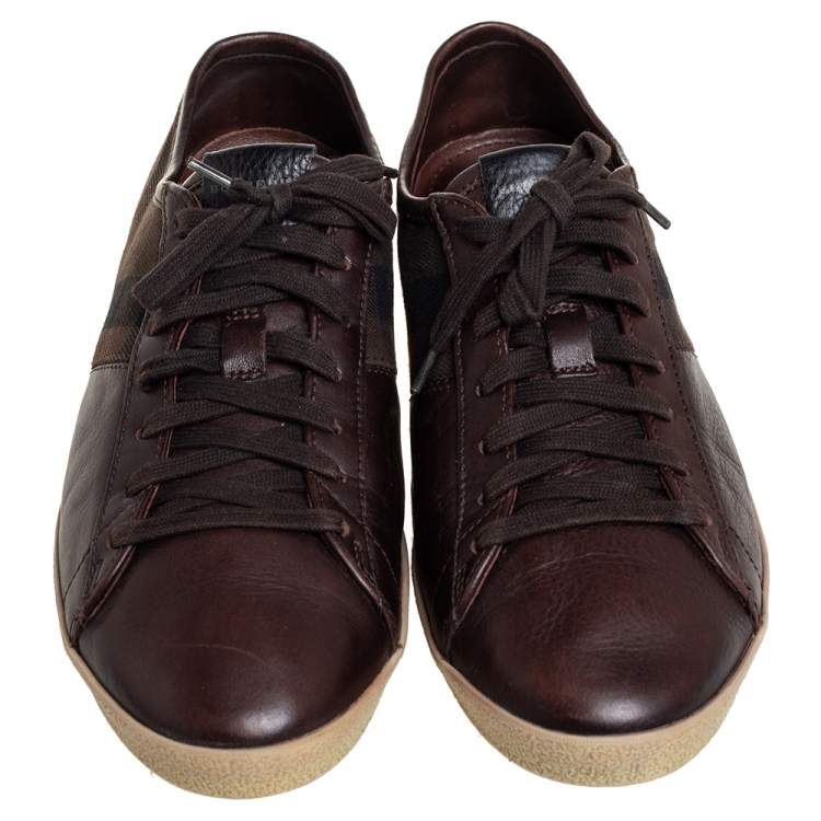 Pre Owned Burberry Brown House Check Canvas And Leather Lace Up Low Top Sneakers Size 43