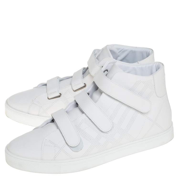 Pre Owned Burberry White Perforated Leather Sturrock High Top Sneakers Size 46