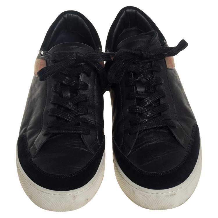 Pre Owned Burberry Black Leather And House Check Canvas Low Top Sneakers Size 46
