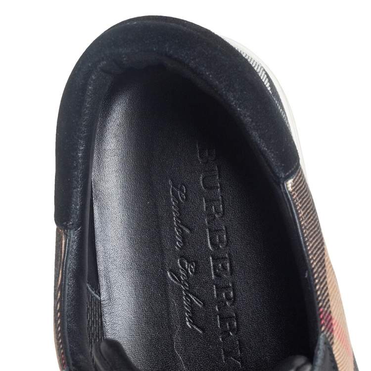 Pre Owned Burberry Black Leather And House Check Canvas Low Top Sneakers Size 46