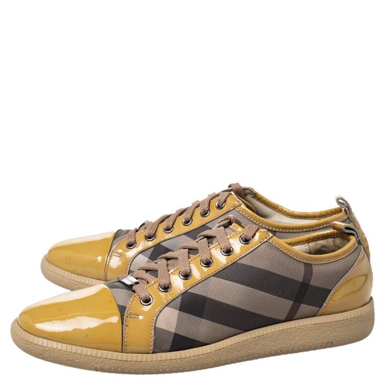 Pre Owned Burberry Beige/Yellow Canvas And Patent Leather Sneakers Size 40