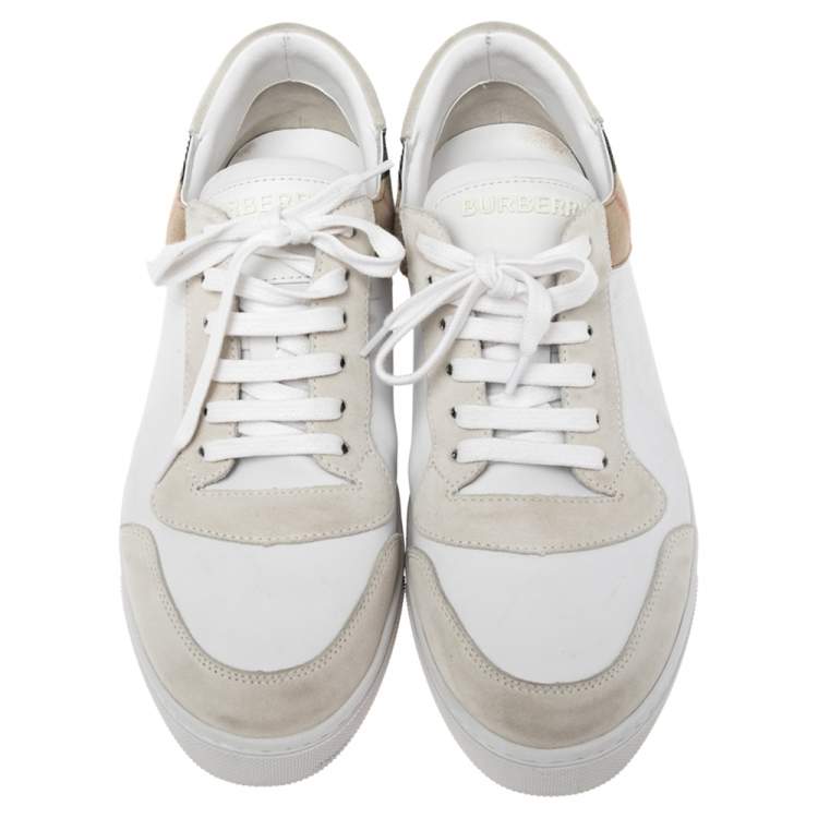 Pre Owned Burberry White/Beige House-Check Canvas And Leather Lace Up  Sneakers Size 45.5 
