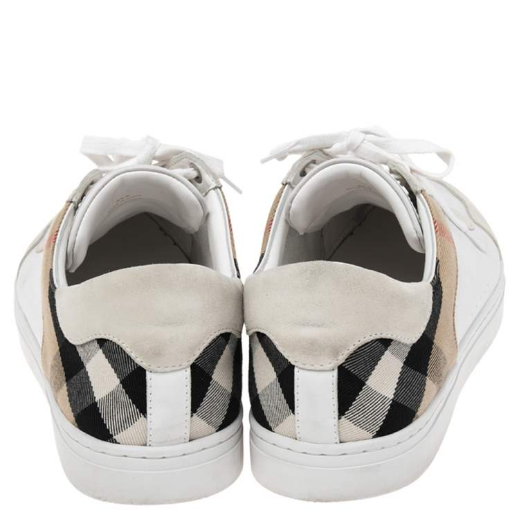 Pre Owned Burberry White/Beige House-Check Canvas And Leather Lace Up  Sneakers Size 45.5 
