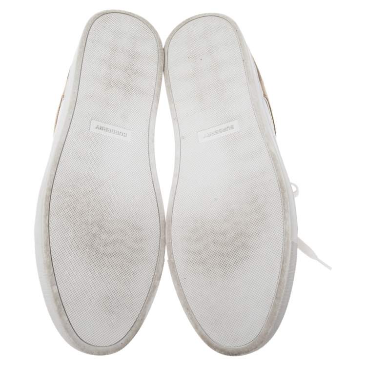Pre Owned Burberry White/Beige House-Check Canvas And Leather Lace Up  Sneakers Size 45.5 