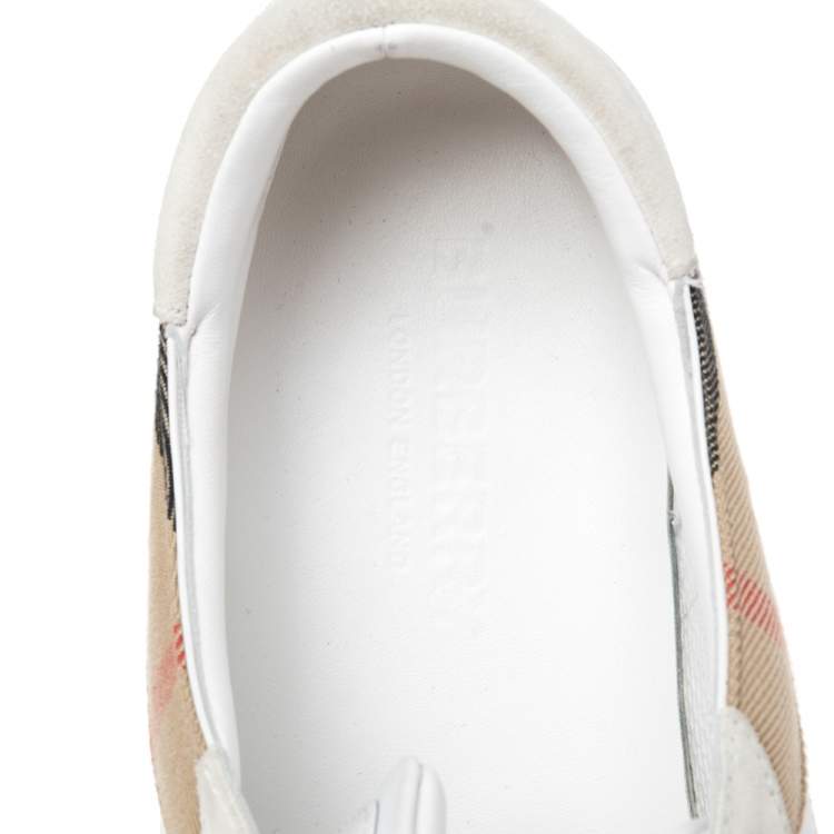 Pre Owned Burberry White/Beige House-Check Canvas And Leather Lace Up  Sneakers Size 45.5 