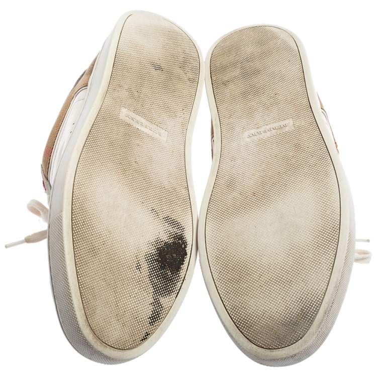 Pre Owned Burberry White/Beige House Check Canvas and Leather Low Top Sneakers Size 41.5