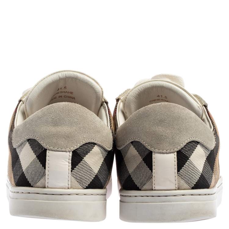 Pre Owned Burberry White/Beige House Check Canvas and Leather Low Top Sneakers Size 41.5